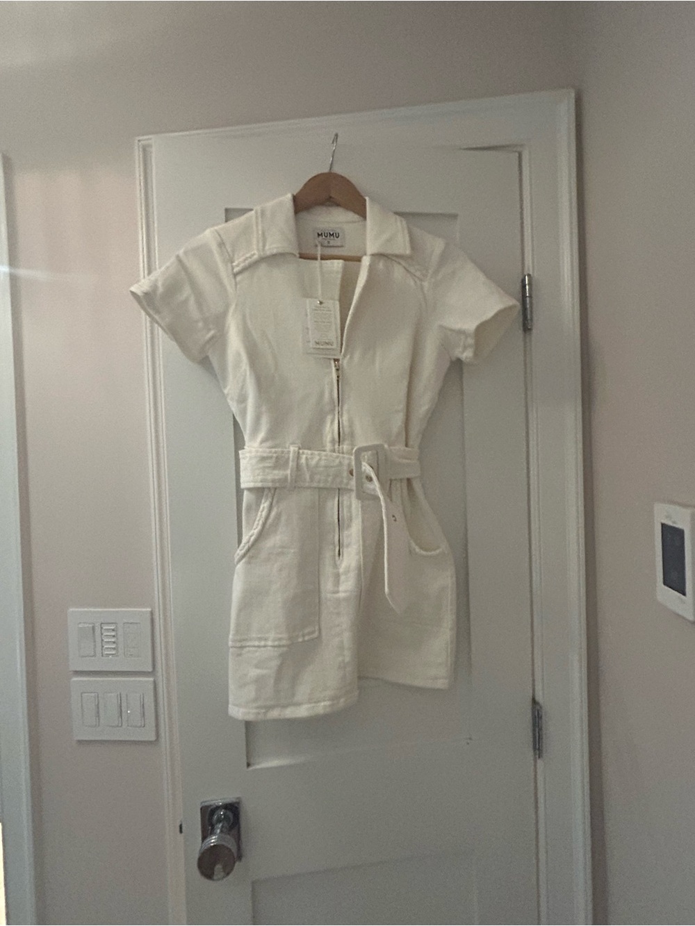 Show Me Your Mumu White Denim Zip-Front mini Utility Dress with Belt.